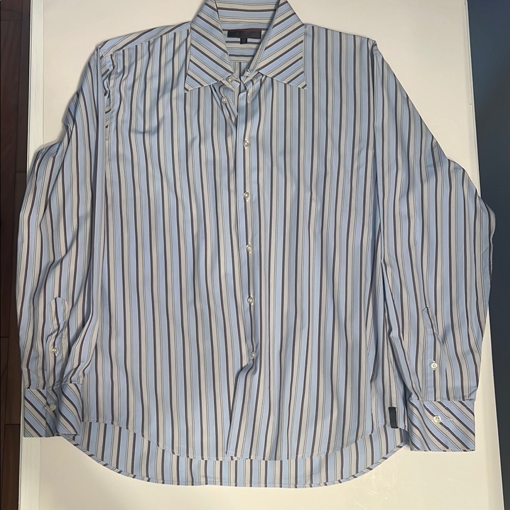Dagr Blue, brown and White Dress Shirt with Pinstripe Pattern